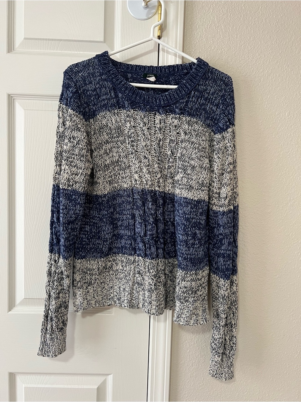 J.Crew Cable Knit Colorblock Sweater Blue Gray Linen Cotton Size XL